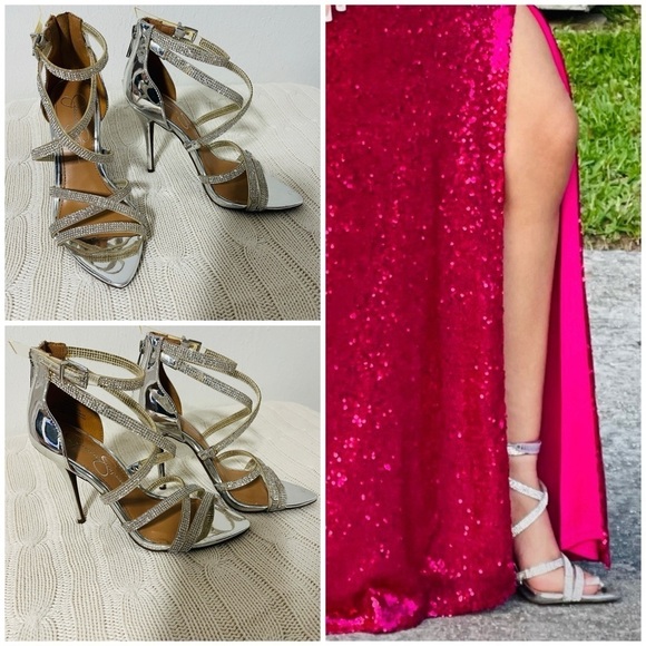 Jessica Simpson Shoes - Jessica Simpson Wylanne Women’s Size 6M Silver Rhinestones Strap Heels EUC